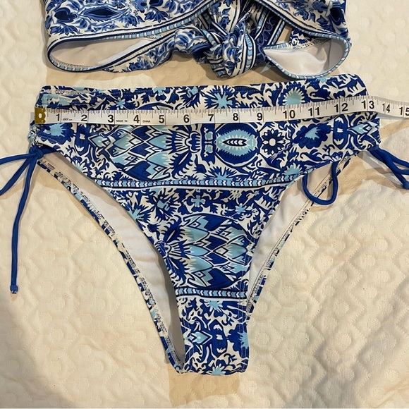 Blue Patterned Bikini Set Tie Top and Bottom Medium Aztec Beach Pool Summer - Picture 5 of 8